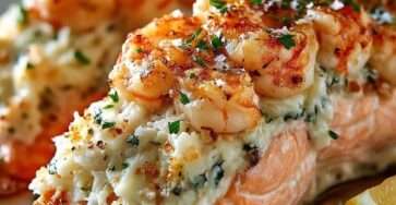 Pavés de saumon farcis d’une crème au fromage frais et aux crevettes, servis avec une sauce citronnée, du persil frais et une garniture fondante