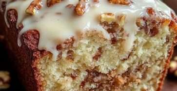Cake moelleux aux noix de pécan avec cœur cannelle, nappé d’un glaçage vanillé et décoré de noix de pécan croquantes.
