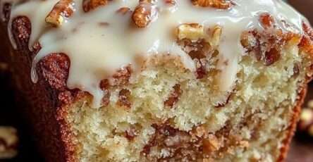 Cake moelleux aux noix de pécan avec cœur cannelle, nappé d’un glaçage vanillé et décoré de noix de pécan croquantes.