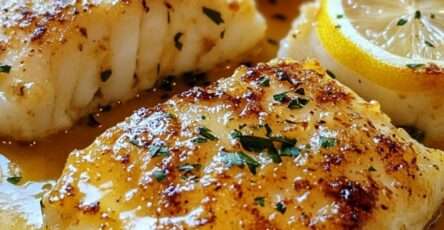 Dos de cabillaud cuits au four avec une sauce au beurre citronné, rondelles de citron, ail et persil frais, servis bien chauds.