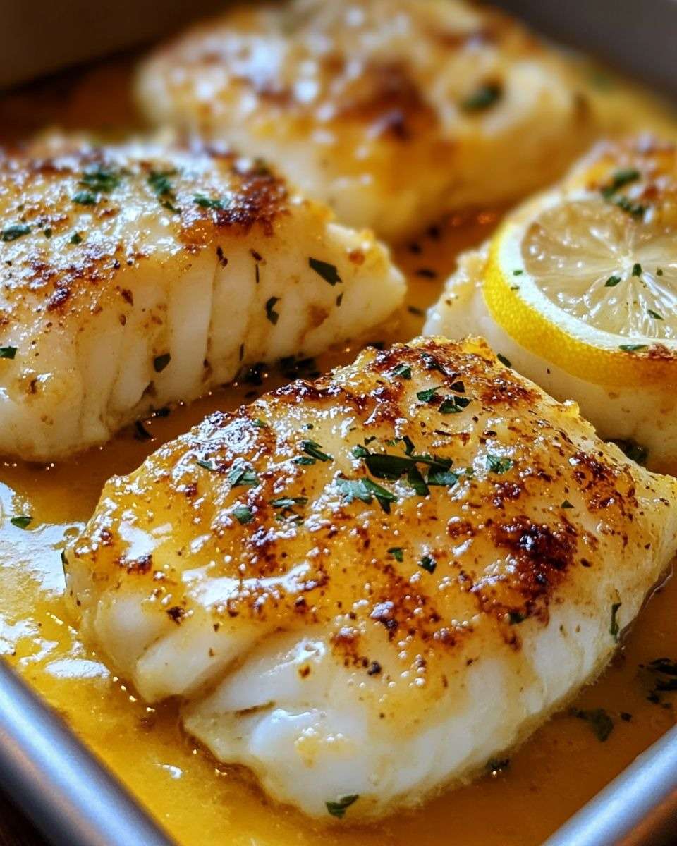 Dos de cabillaud cuits au four avec une sauce au beurre citronné, rondelles de citron, ail et persil frais, servis bien chauds.