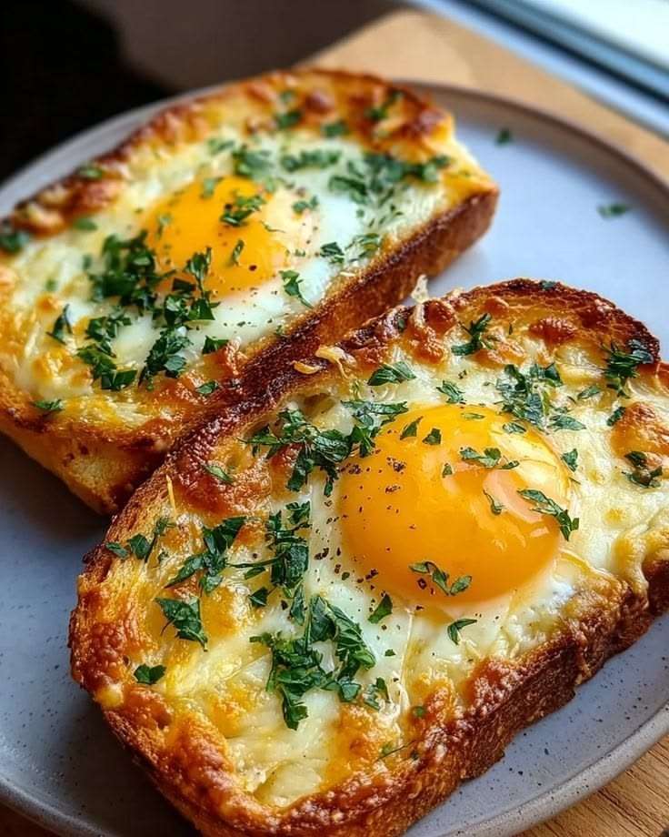 Toasts dorés au four avec œufs au centre, fromage fondu, crème fraîche, persil frais et pain croustillant servis chauds.