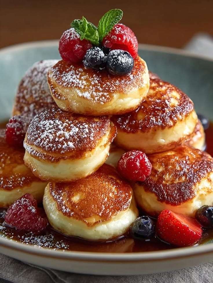 Pancakes japonais épais et moelleux servis avec framboises, myrtilles, fraises, sirop d’érable, sucre glace et feuilles de menthe fraîche.