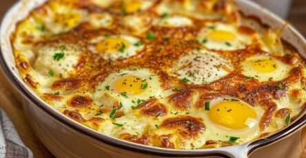 Gratin d’œufs au fromage familial avec pommes de terre fondantes, crème fraîche, oignons revenus, fromage râpé doré et persil frais.