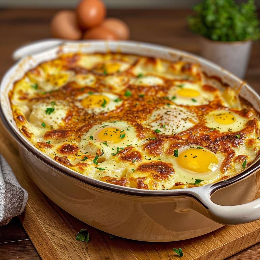 Gratin d’œufs au fromage familial avec pommes de terre fondantes, crème fraîche, oignons revenus, fromage râpé doré et persil frais.