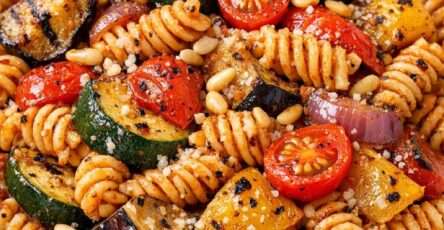 Pâtes tortiglioni aux légumes grillés, courgette, aubergine, poivron jaune, pesto rosso, huile d’olive et herbes fraîches.