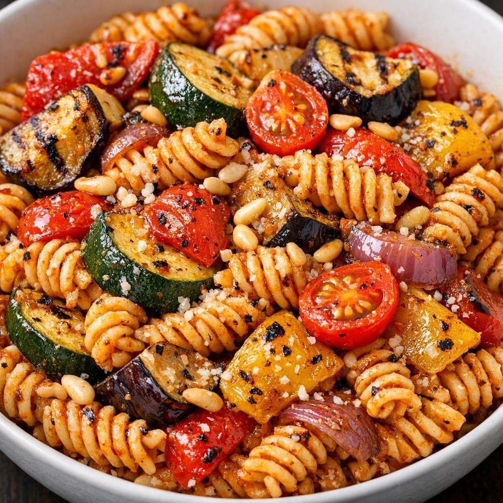 Pâtes tortiglioni aux légumes grillés, courgette, aubergine, poivron jaune, pesto rosso, huile d’olive et herbes fraîches.