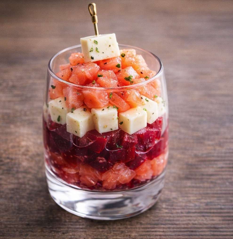 Verrines élégantes de betterave mixée, fromage frais citronné, échalote, ciboulette et saumon fumé, décorées de balsamique.