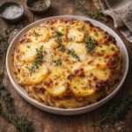 Gratin de pommes de terre au bœuf haché avec béchamel fromagère, gruyère doré, parmesan, thym frais et croûte croustillante.