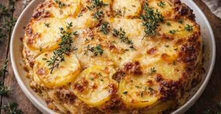 Gratin de pommes de terre au bœuf haché avec béchamel fromagère, gruyère doré, parmesan, thym frais et croûte croustillante.