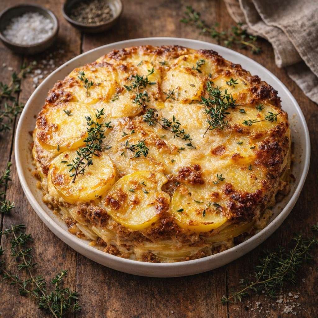 Gratin de pommes de terre au bœuf haché avec béchamel fromagère, gruyère doré, parmesan, thym frais et croûte croustillante.