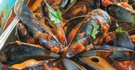Moules fraîches à la sauce tomate épicée avec ail, oignon, paprika, vin blanc, piment, persil frais et sauce rouge parfumée.