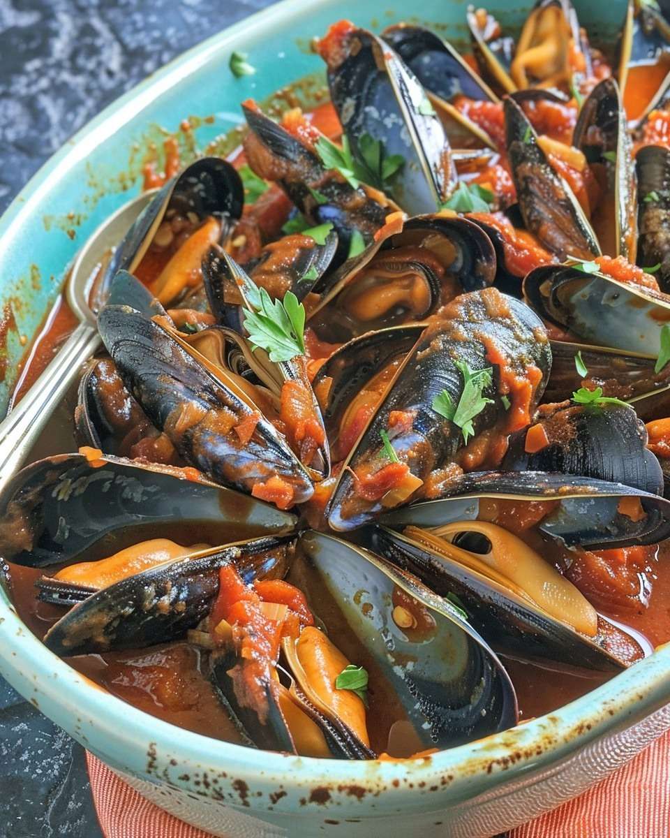Moules fraîches à la sauce tomate épicée avec ail, oignon, paprika, vin blanc, piment, persil frais et sauce rouge parfumée.