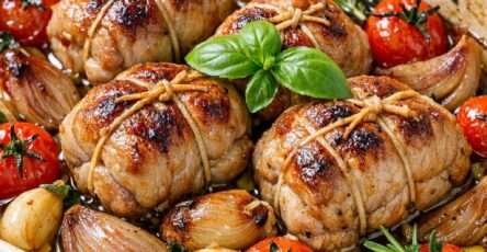 Paupiettes de veau dorées au four avec tomates cerises confites, échalotes, ail, thym, romarin, laurier et basilic frais.