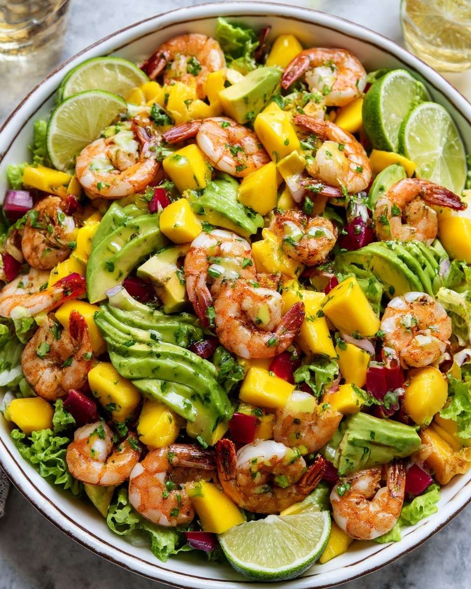 Salade fraîche de crevettes poêlées, avocat, mangue mûre, jeunes pousses, oignon rouge, citron vert et coriandre.