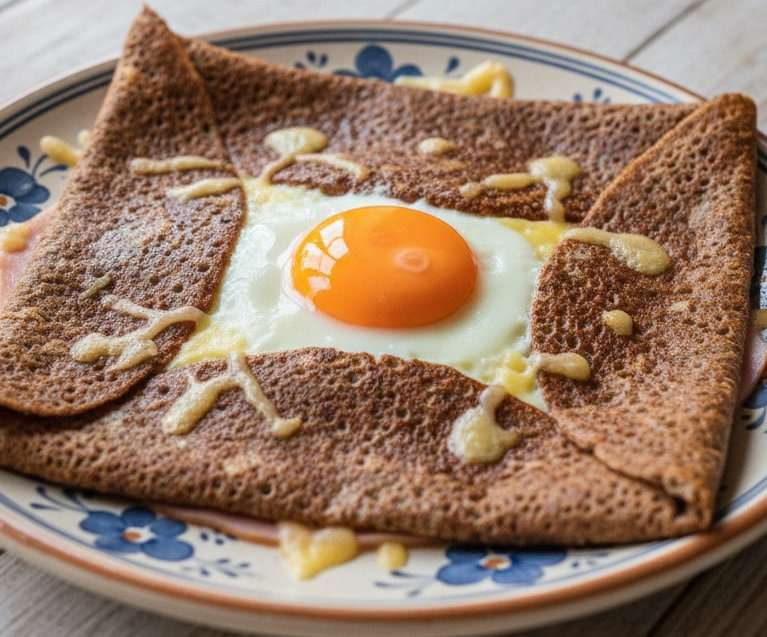 Galette complète bretonne au sarrasin garnie de jambon blanc, fromage râpé fondu et œuf au jaune coulant, pliée en carré.