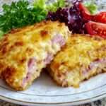 Croque-monsieur léger au four avec pain complet doré, jambon blanc dégraissé, béchamel légère, fromage râpé gratiné et salade verte.