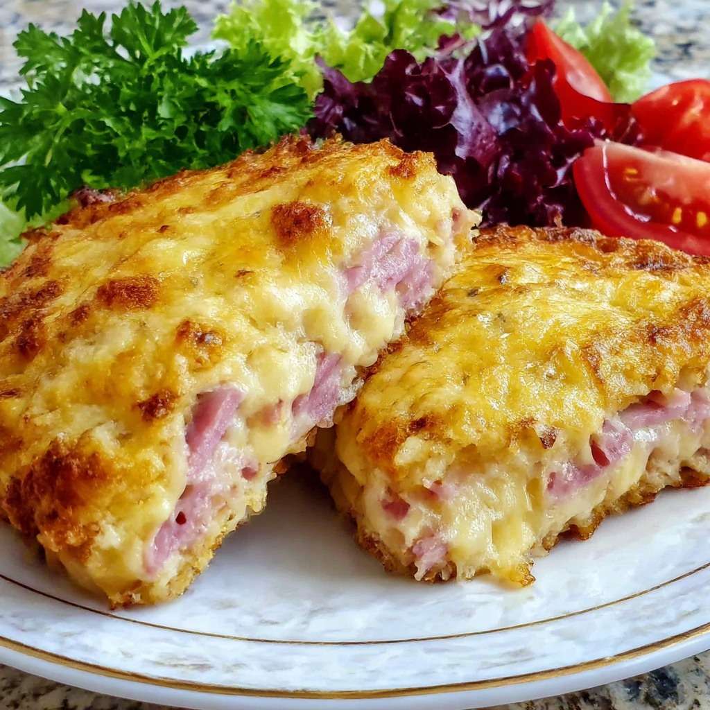 Croque-monsieur léger au four avec pain complet doré, jambon blanc dégraissé, béchamel légère, fromage râpé gratiné et salade verte.