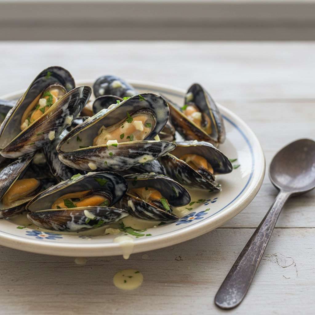 Moules fraîches à la crème liquide, ail haché, beurre, persil frais, poivre noir et sauce onctueuse servies en assiettes creuses.