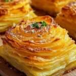 Millefeuilles de pommes de terre croustillants au fromage, dorés au four avec parmesan, ail, thym et persil frais.