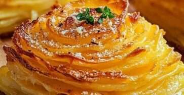 Millefeuilles de pommes de terre croustillants au fromage, dorés au four avec parmesan, ail, thym et persil frais.