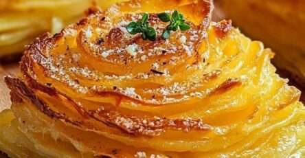 Millefeuilles de pommes de terre croustillants au fromage, dorés au four avec parmesan, ail, thym et persil frais.