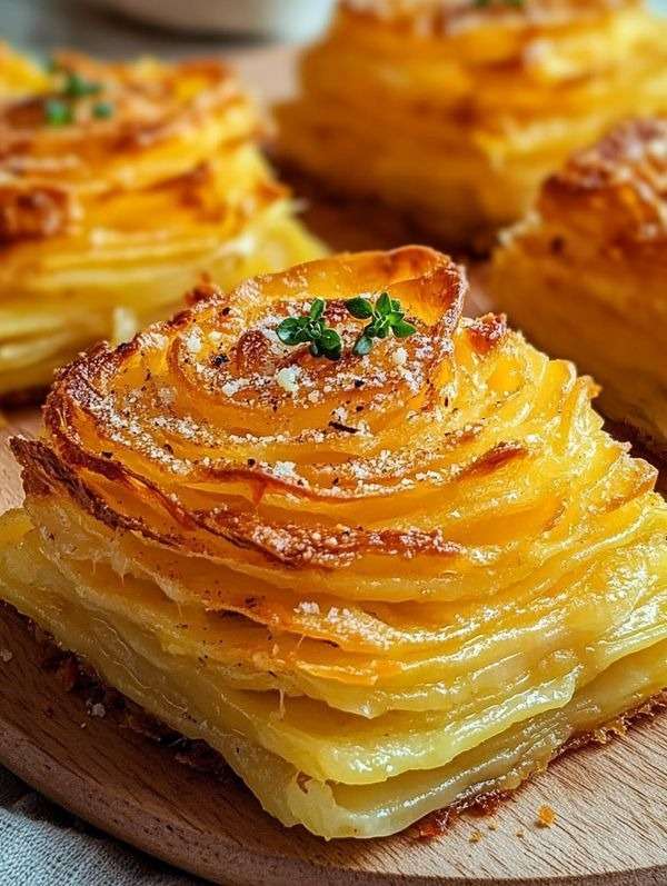Millefeuilles de pommes de terre croustillants au fromage, dorés au four avec parmesan, ail, thym et persil frais.