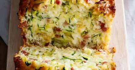Cake courgette lardons moelleux coupé en tranches, avec fromage râpé, herbes et une texture dorée.