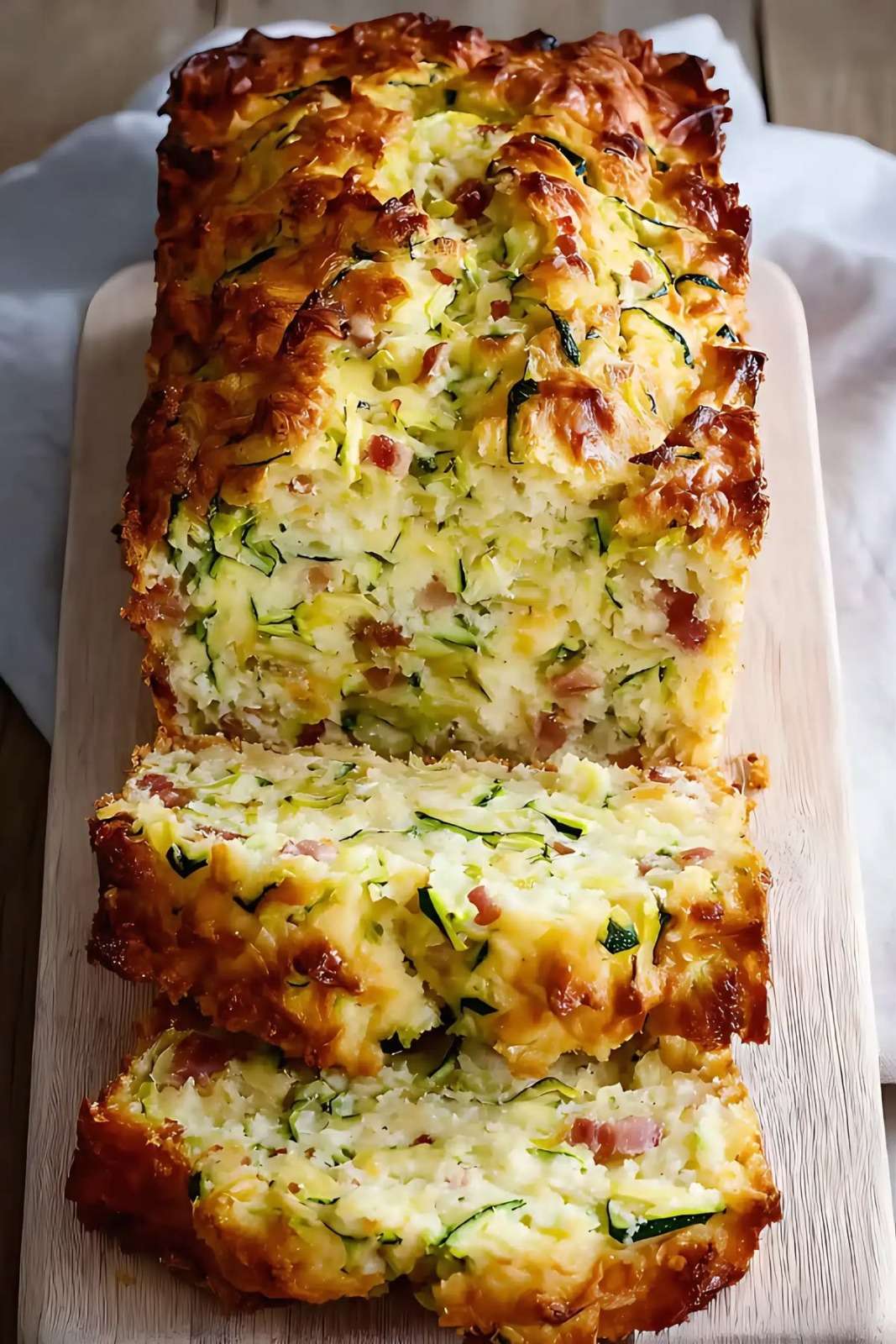 Cake courgette lardons moelleux coupé en tranches, avec fromage râpé, herbes et une texture dorée.