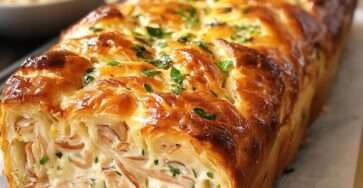 Pain au thon feuilleté doré et croustillant, garni d’une préparation crémeuse au thon, fromage frais, persil et fromage râpé.