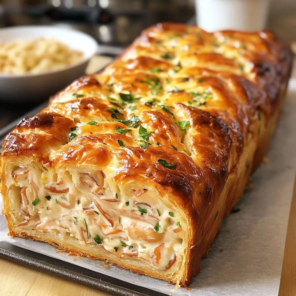 Pain au thon feuilleté doré et croustillant, garni d’une préparation crémeuse au thon, fromage frais, persil et fromage râpé.