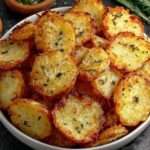 Pommes de terre rôties croustillantes à l’ail, aux herbes et au parmesan, dorées au four et servies avec du persil frais.