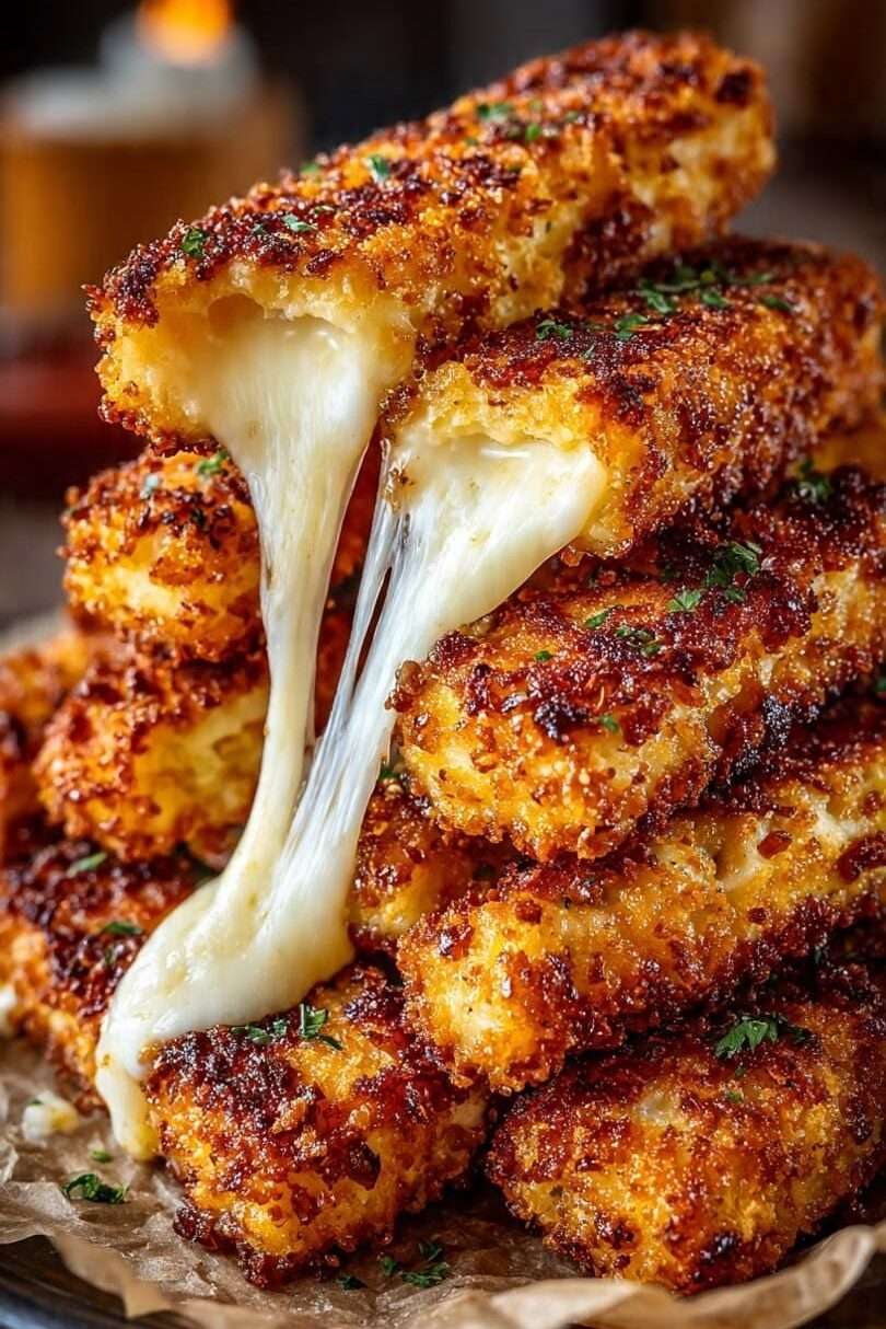 Bâtonnets de fromage croustillants et dorés avec cœur fondant, servis chauds avec une sauce tomate maison.