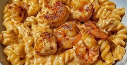 Assiette de pâtes crémeuses aux crevettes cajun avec crevettes dorées, sauce onctueuse, fromage fondu et persil frais.