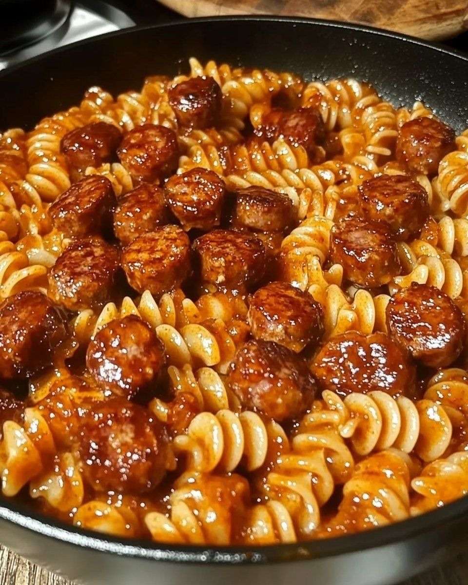 Assiette de pâtes saucisse sauce tomate avec parmesan râpé et persil frais, servie chaude dans une assiette creuse.