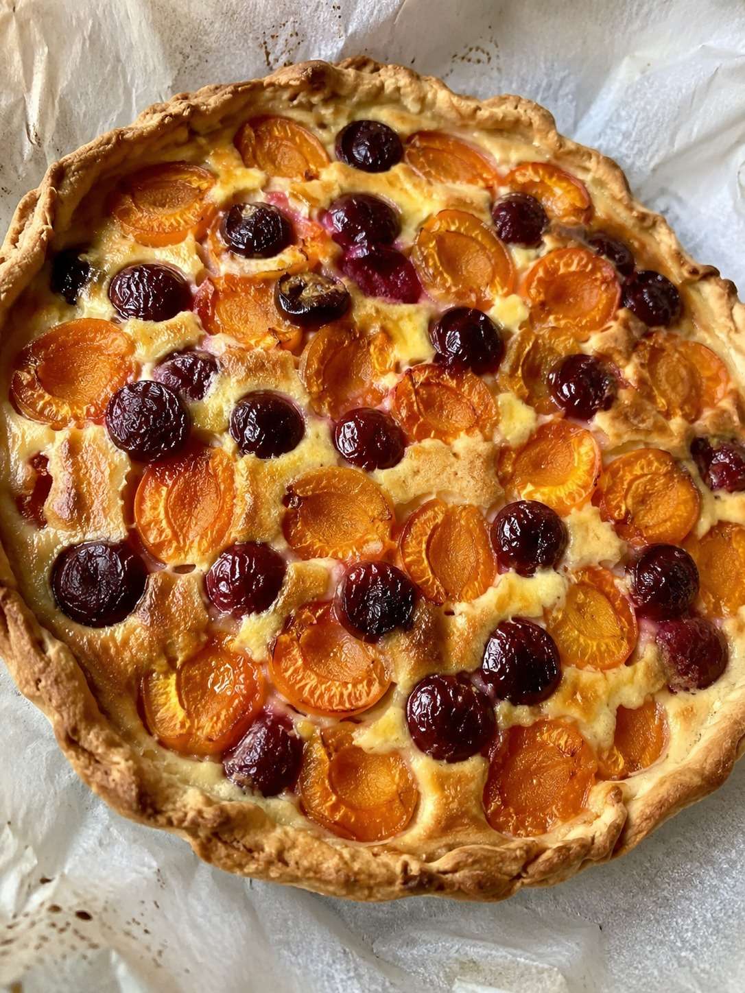 Tarte abricots et cerises dorée et gourmande maison avec crème vanillée dans un moule rustique en été