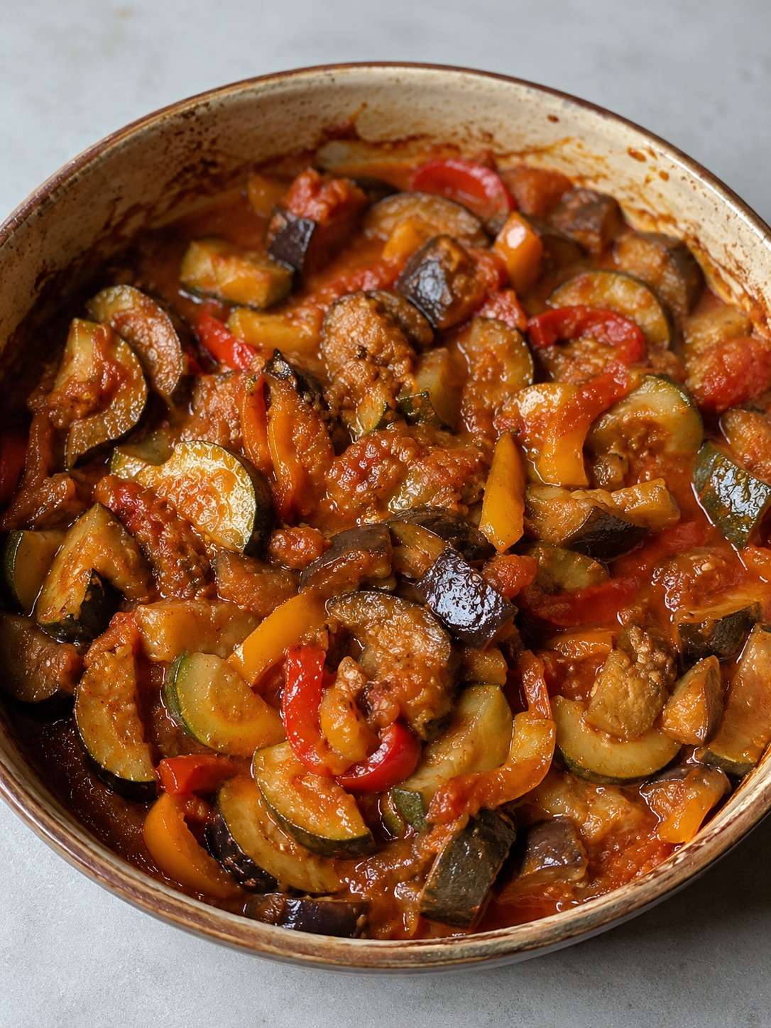 Ratatouille maison aux tomates, courgettes, aubergines et poivrons mijotés dans une cocotte rustique