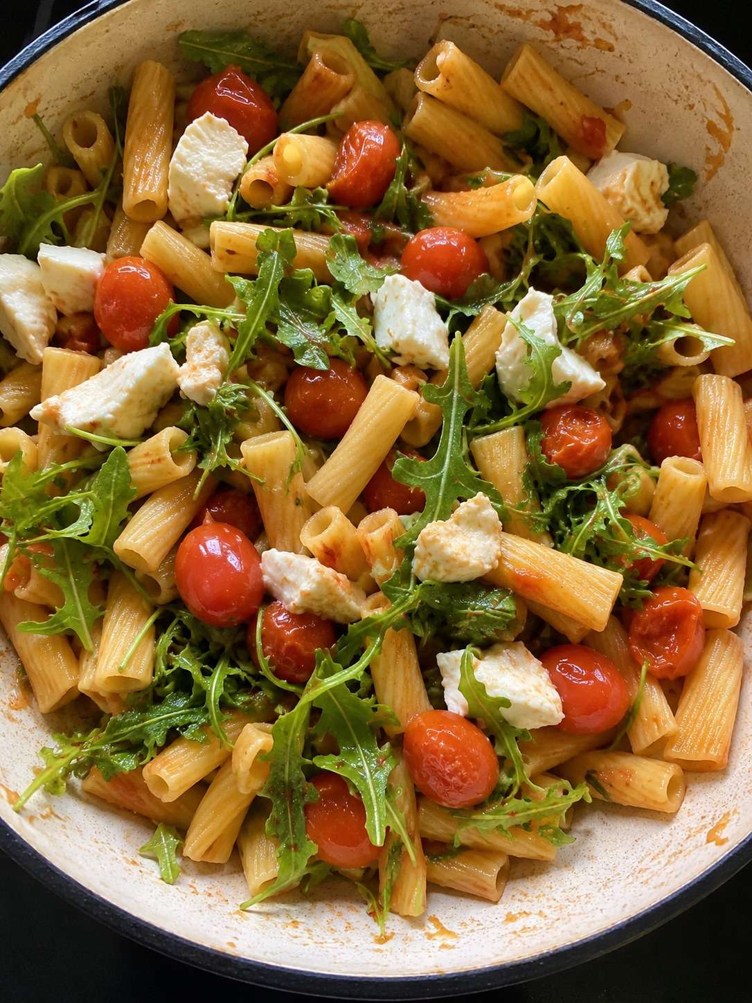 One pan pasta aux tomates cerises, roquette fraîche et mozzarella fondante dans une grande poêle italienne gourmande