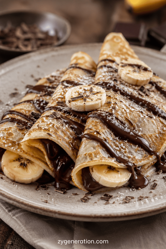 Crêpes fines et moelleuses garnies de chocolat fondant, de rondelles de banane fraîche et saupoudrées de sucre glace dans une assiette
