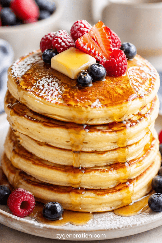 Pancakes moelleux empilés façon brunch, nappés de sirop d’érable, décorés de fruits rouges frais et légèrement saupoudrés de sucre glace.