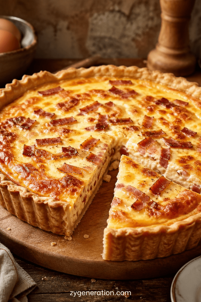 Quiche lorraine dorée dans un moule à tarte, avec une pâte brisée croustillante, une garniture crémeuse aux lardons et du fromage gratiné.