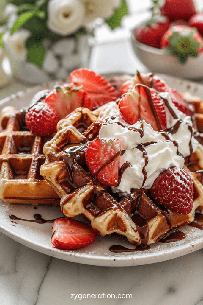 Gaufres maison dorées et croustillantes servies avec chantilly onctueuse, fraises fraîches coupées et filet de sauce chocolat.