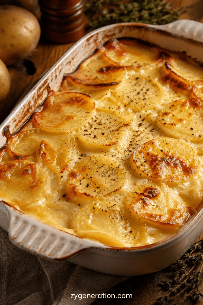 Gratin dauphinois crémeux dans un plat à gratin, avec des pommes de terre fondantes en fines rondelles, une surface dorée et une sauce à la crème parfumée à l’ail.