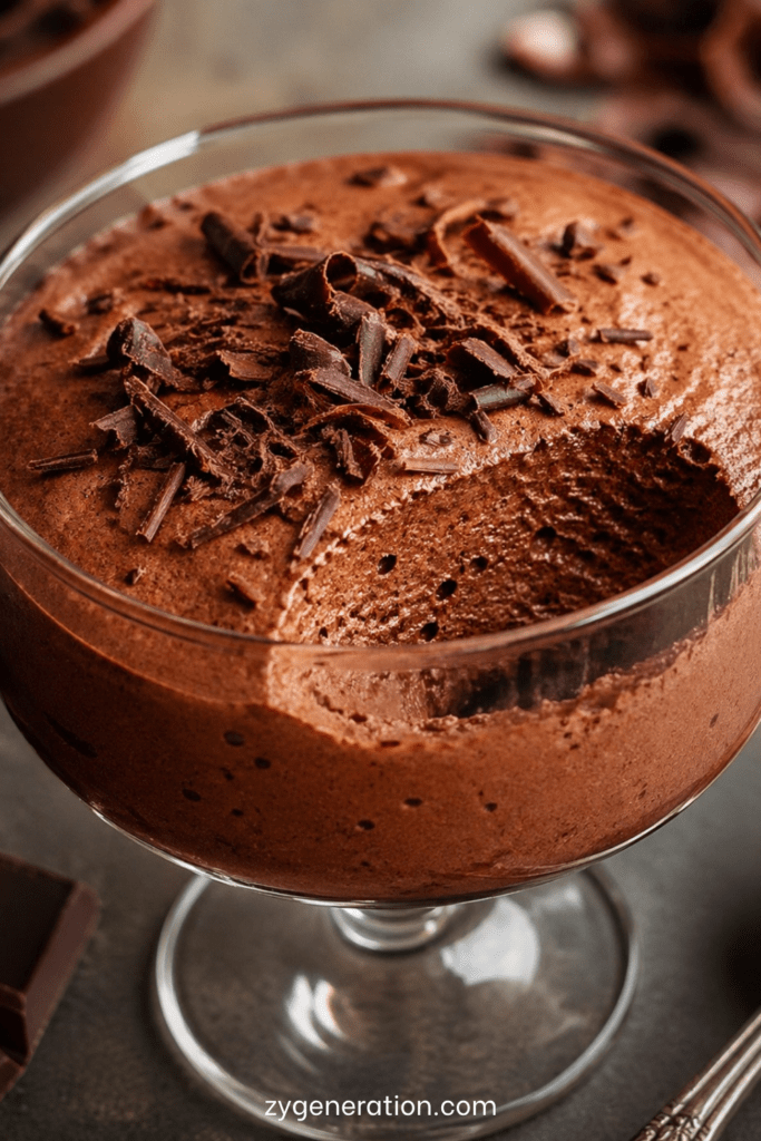 Verrines de mousse au chocolat noir intense, texture aérienne et fondante, décorées de copeaux de chocolat sur le dessus.