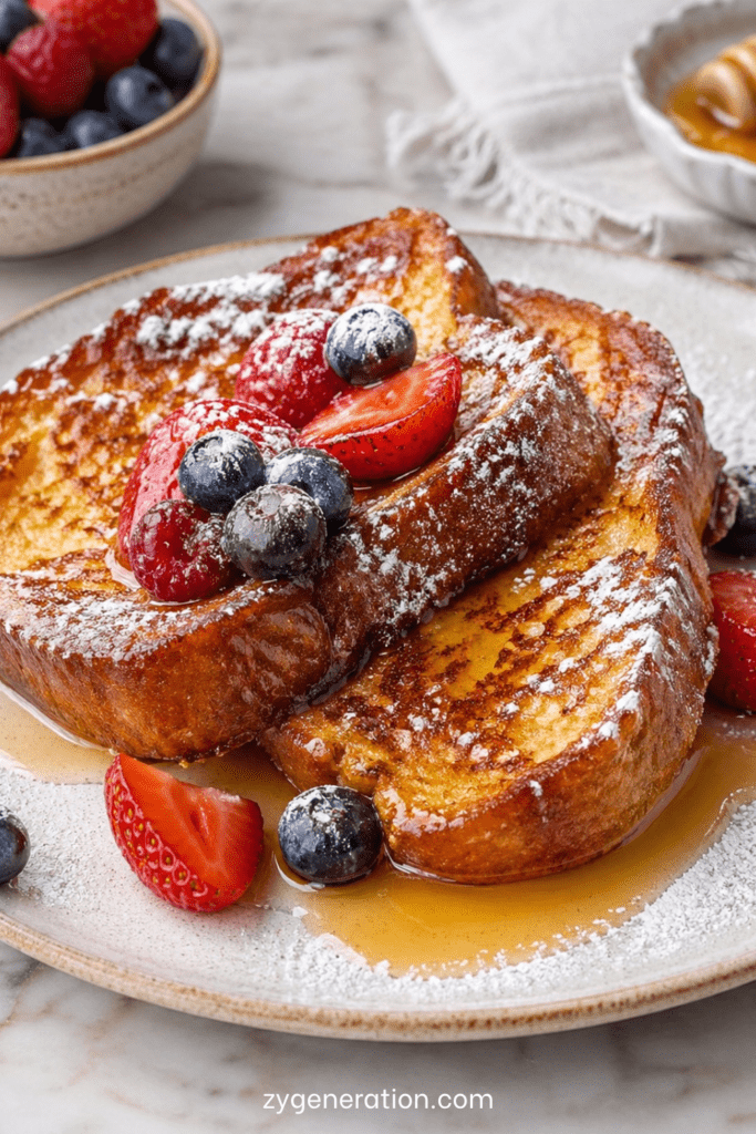 Tranches de pain perdu dorées et moelleuses servies avec des fruits rouges frais, un filet de miel et une légère touche de sucre glace.