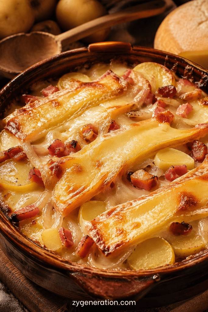 Tartiflette savoyarde servie dans un plat à gratin, avec pommes de terre fondantes, lardons dorés, oignons et reblochon gratiné.
