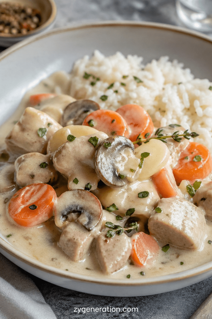 Blanquette de veau traditionnelle servie chaude avec morceaux de veau tendres, carottes fondantes, champignons et sauce blanche crémeuse.
