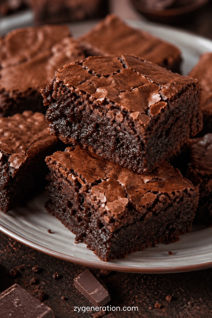 Carrés de brownie au chocolat noir fondant, avec une surface légèrement craquante, des noix visibles et un cœur dense et moelleux.