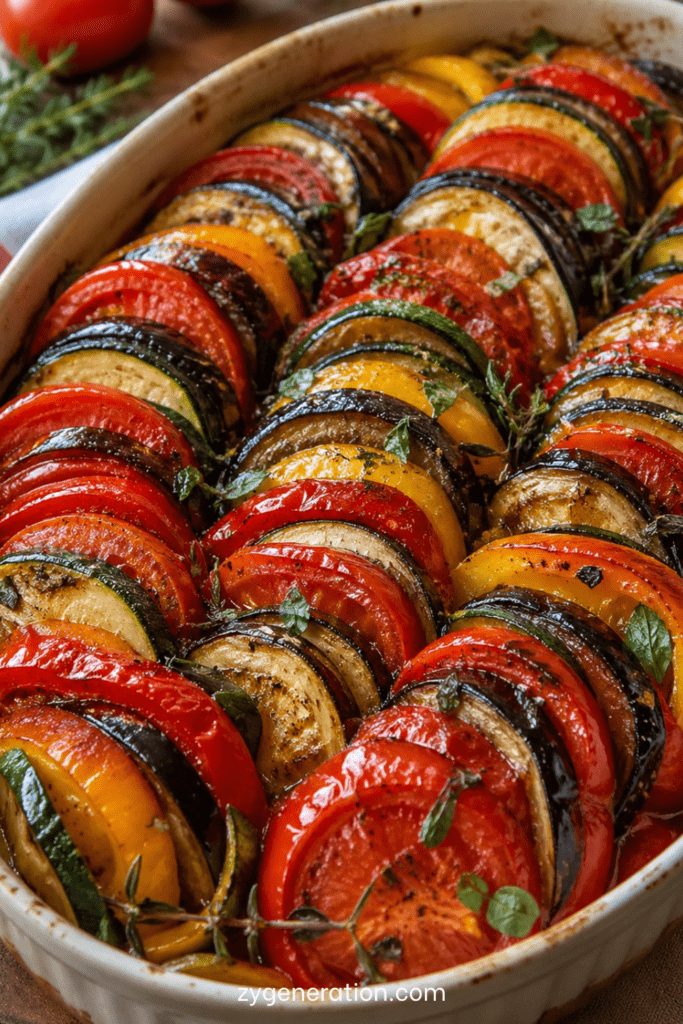 Ratatouille provençale au four avec rondelles d’aubergine, courgettes, tomates et poivrons joliment alternées dans un plat gratiné.