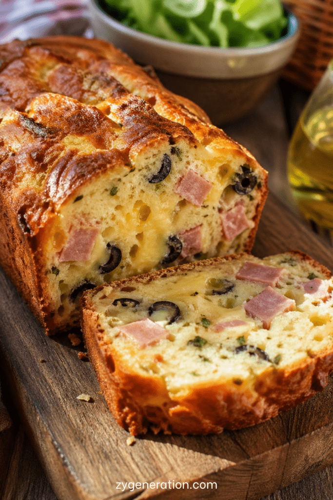 Cake salé jambon fromage olives coupé en tranches, avec une texture moelleuse, une croûte dorée et des morceaux d’olives visibles.